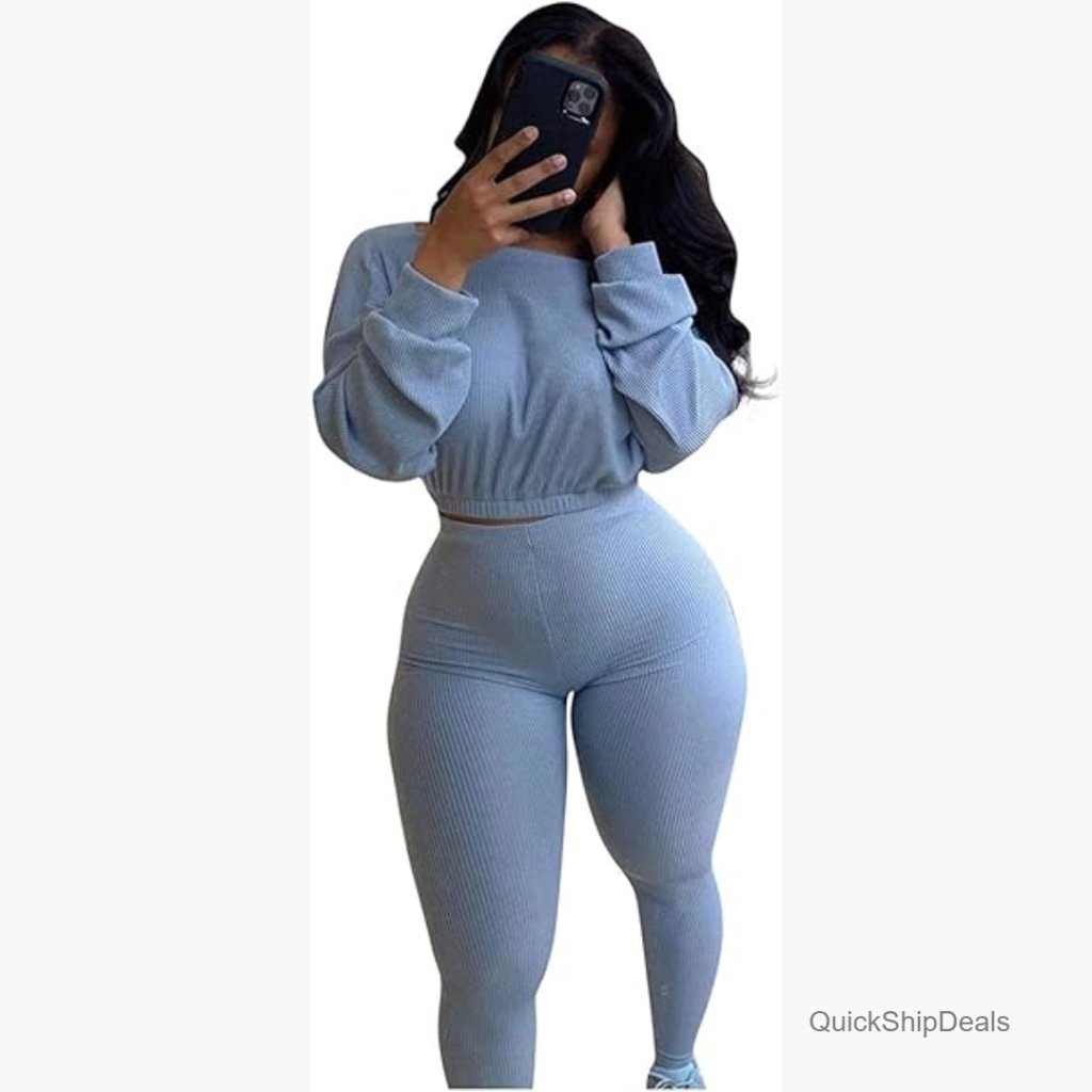 Ribbed Polyester Two-Piece Tracksuit Set Long Sleeve Crop Top